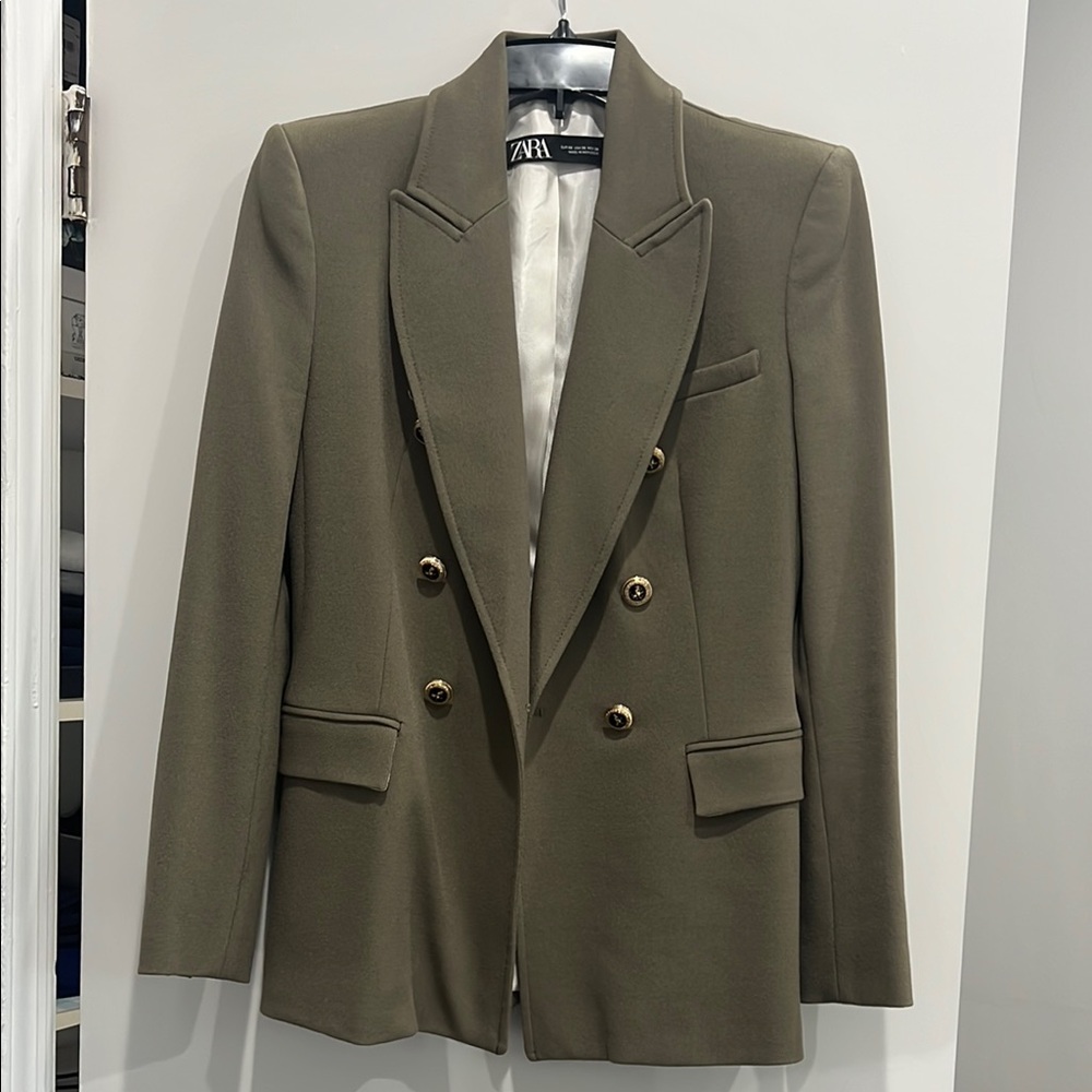 Zara Olive Green Double-Breasted Blazer
